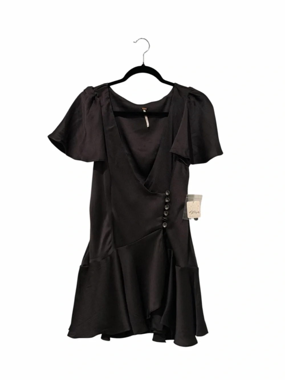 NWT Free People Scarlett Black Satin Wrap Mini Dress with Button Detail size xs